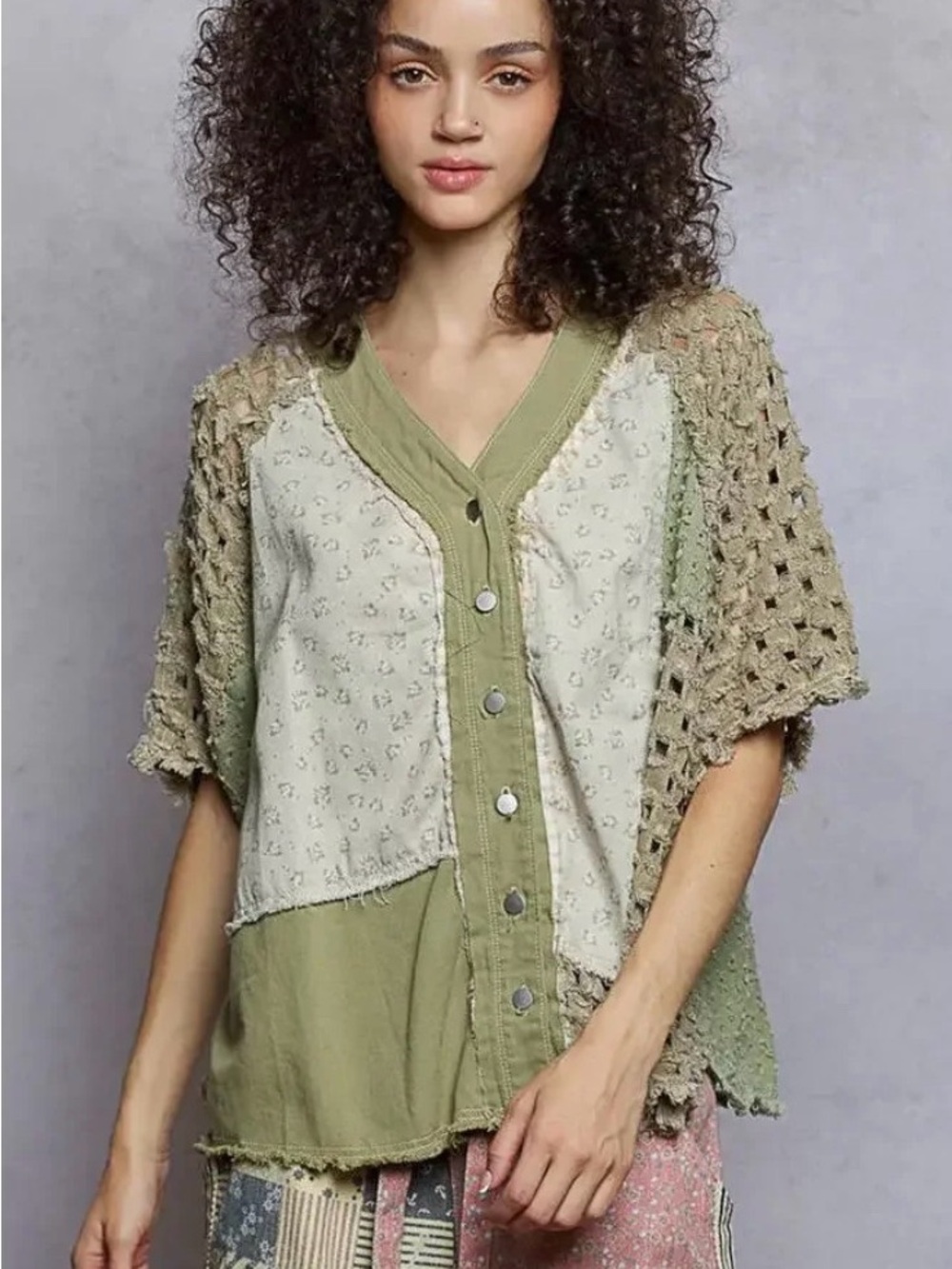 POL Button Down V-Neck Jacket with Printed Woven